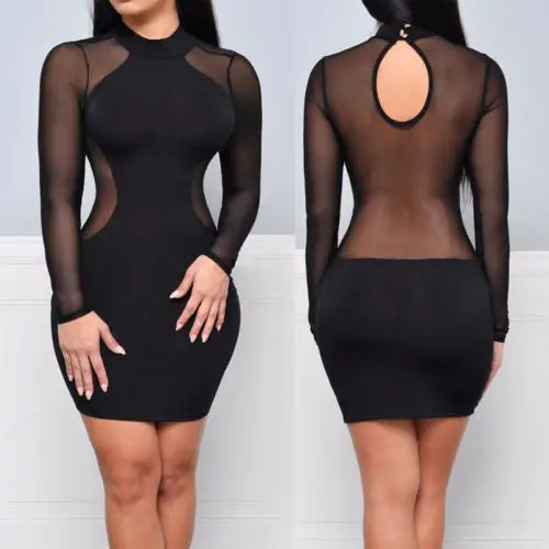 Langarm-Bodycon-Minikleid mit transparenten Mesh-Einsätzen