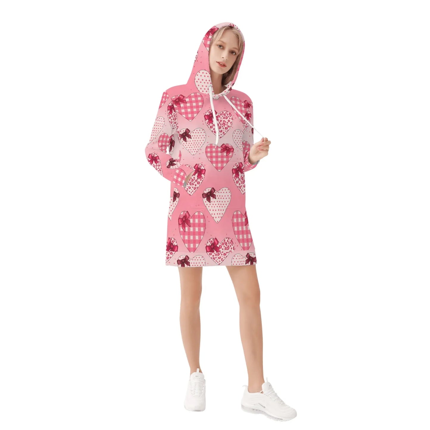 Karierte Herzen Damen Hoodiekleid – Warmes Velvet-Kapuzenkleid aus weichem Samt-Fleece Hoodiekleid JLR Design