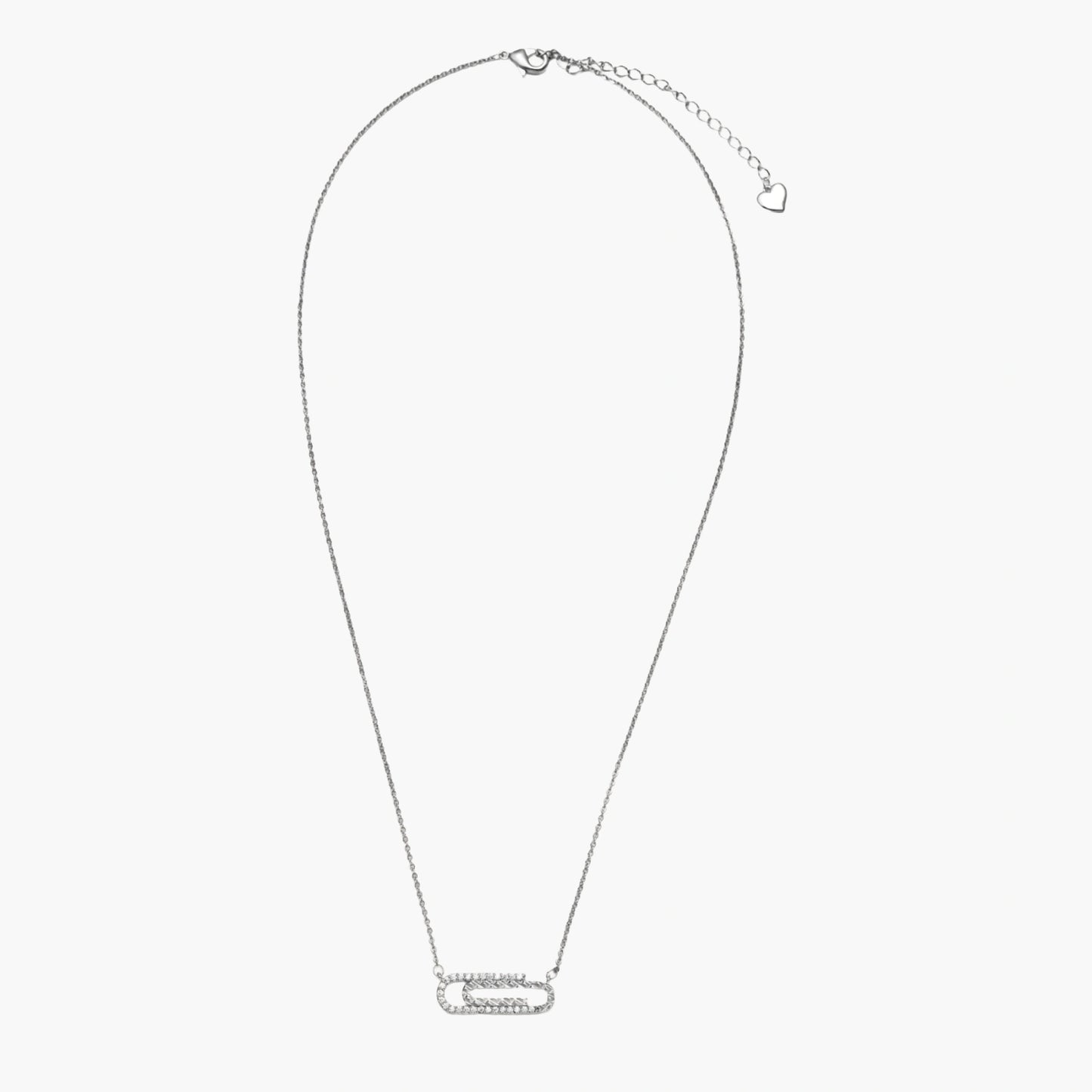 White gold plated necklace with dual-frame geometric pendant featuring crystal pavé border on pale background.