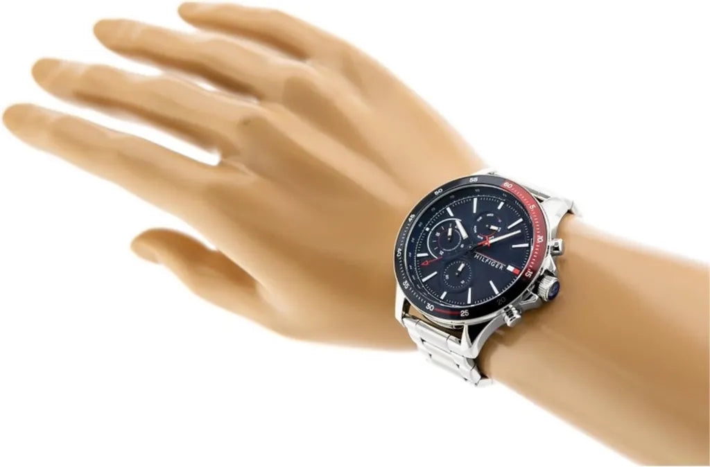 Tommy Hilfiger Bank Herrenuhr 1791718 | Multifunktion & Tachymeter | Silbernes Edelstahlarmband & Blaues Zifferblatt