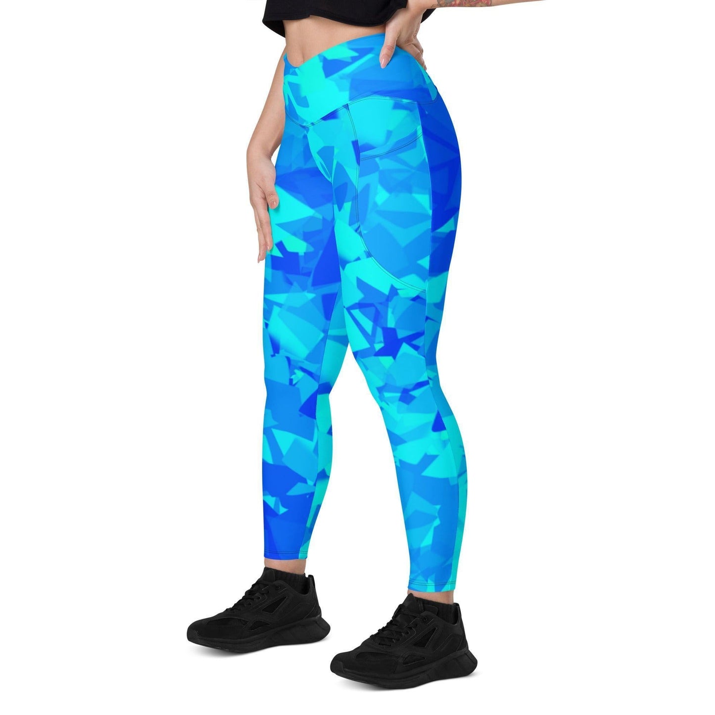 Blue Crystal Damen V-Bund Leggings mit Taschen V-Bund Leggings JLR Design