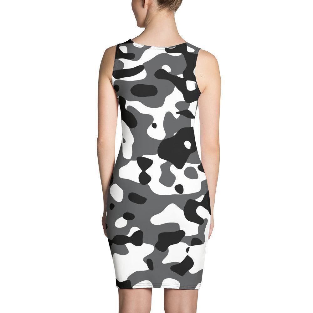 Enganliegendes Schwarz Grau Weiß Camouflage Kleid Kleid JLR Design