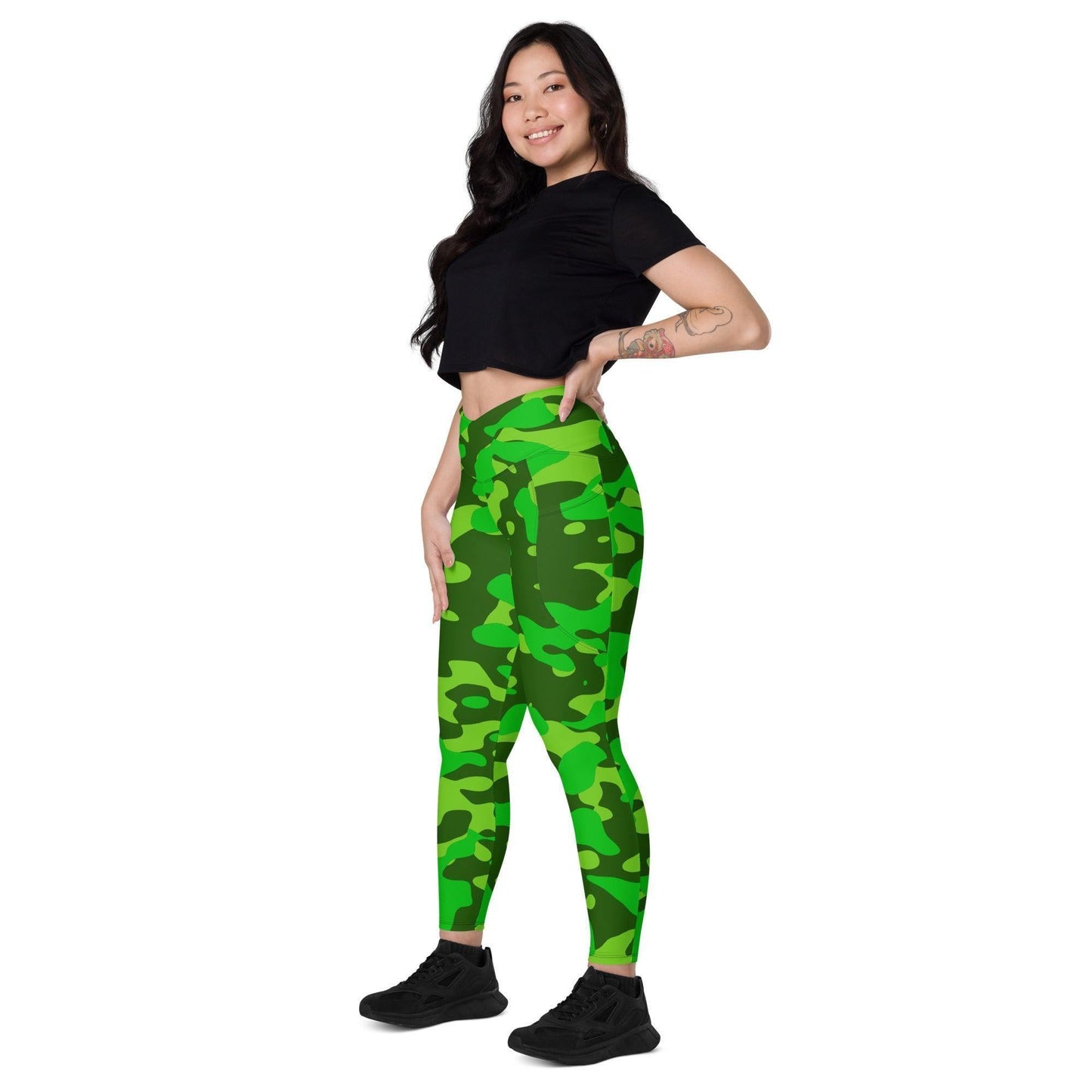 Lime Green Camouflage Damen V-Bund Leggings mit Taschen V-Bund Leggings JLR Design