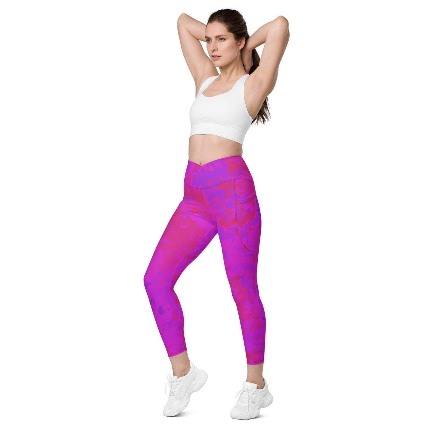 Pink Crystal Damen V-Bund Leggings mit Taschen V-Bund Leggings JLR Design