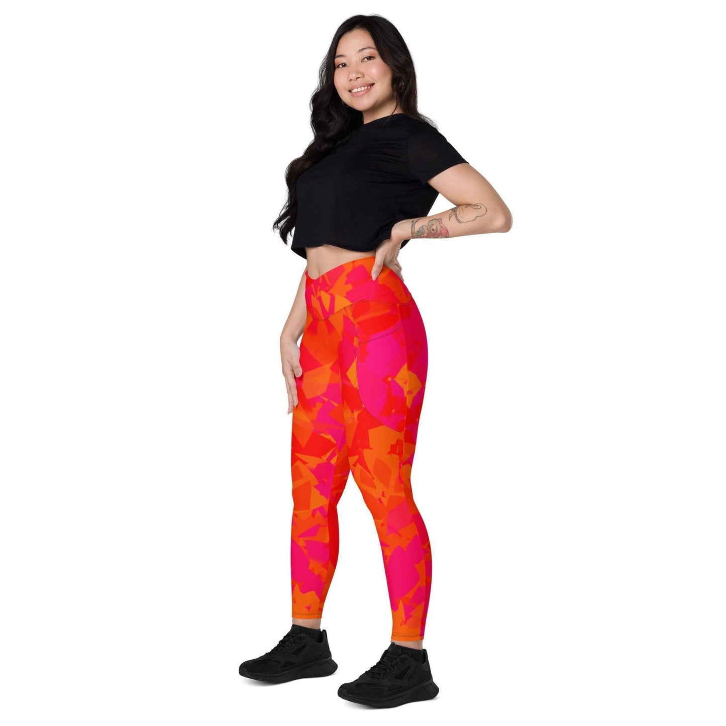 Red Crystal Damen V-Bund Leggings mit Taschen V-Bund Leggings JLR Design