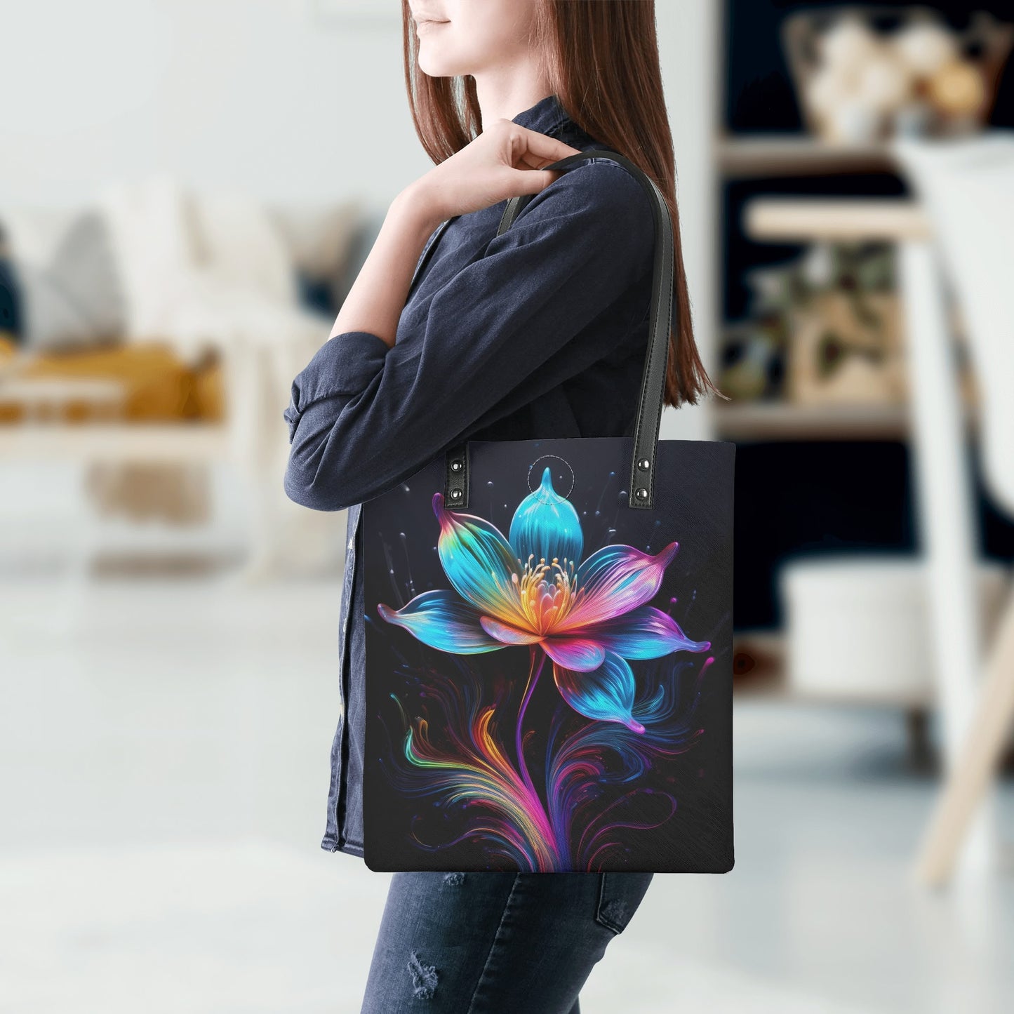 Neon Lotusblume PU Leder Handtasche