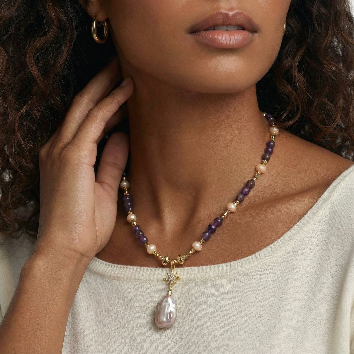 Celestial Amethyst Pearl Necklace – 14K vergoldete Halskette mit Barockperle & Amethyst