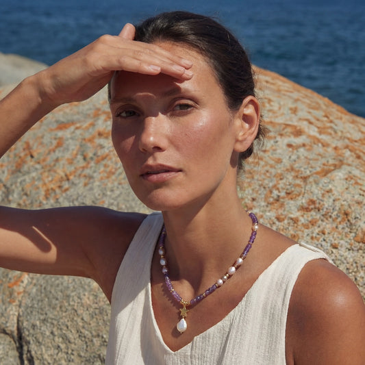 Celestial Amethyst Pearl Necklace – 14K vergoldete Halskette mit Barockperle & Amethyst