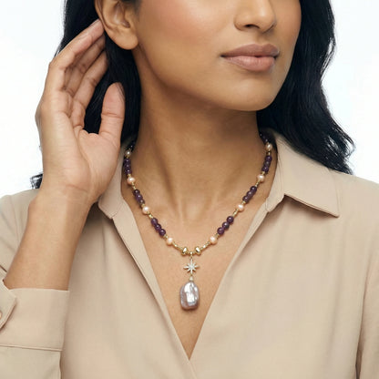 Celestial Amethyst Pearl Necklace – 14K vergoldete Halskette mit Barockperle & Amethyst