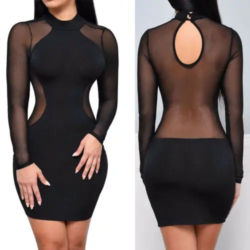 Langarm-Bodycon-Minikleid mit transparenten Mesh-Einsätzen