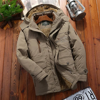 Thick winter jacket with a hood and many pockets