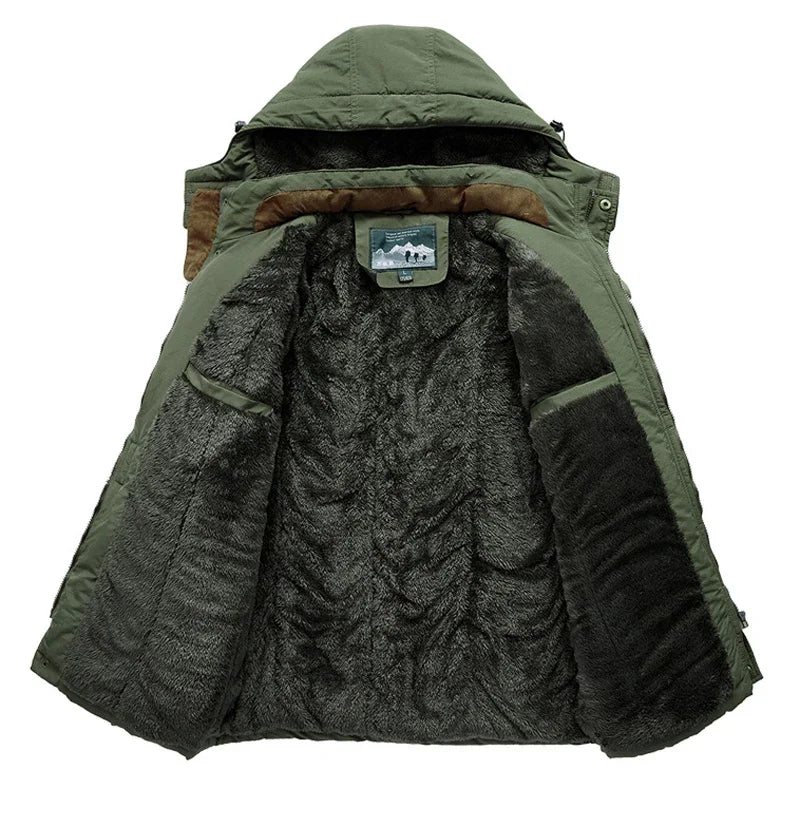 Thick winter jacket with a hood and many pockets