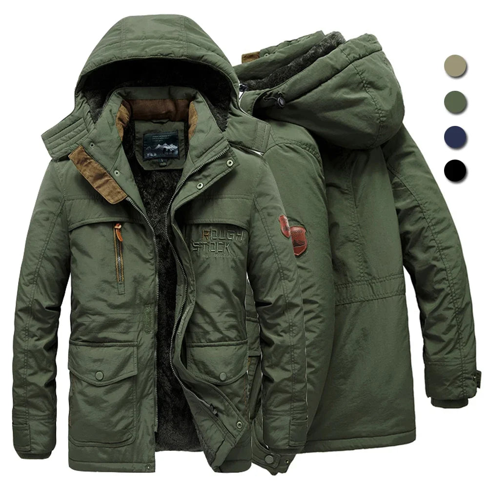 Thick winter jacket with a hood and many pockets