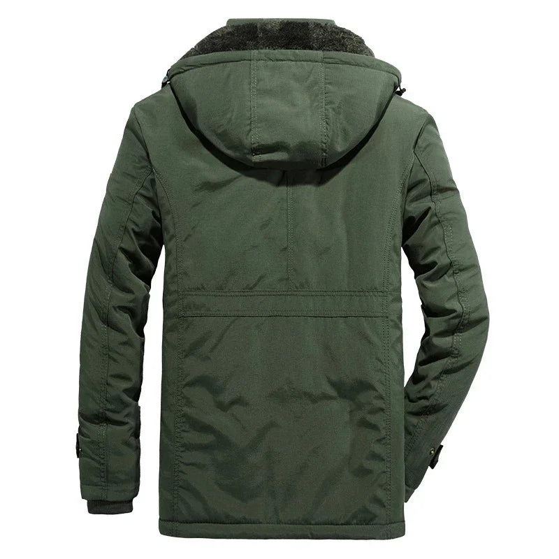 Thick winter jacket with a hood and many pockets