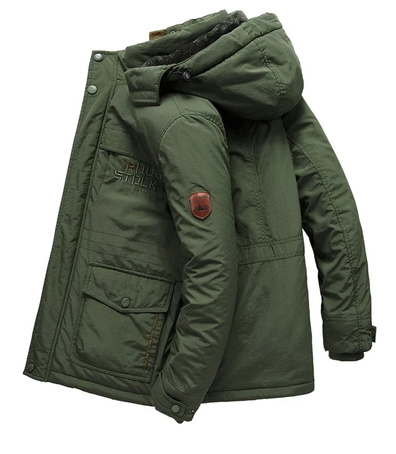 Thick winter jacket with a hood and many pockets