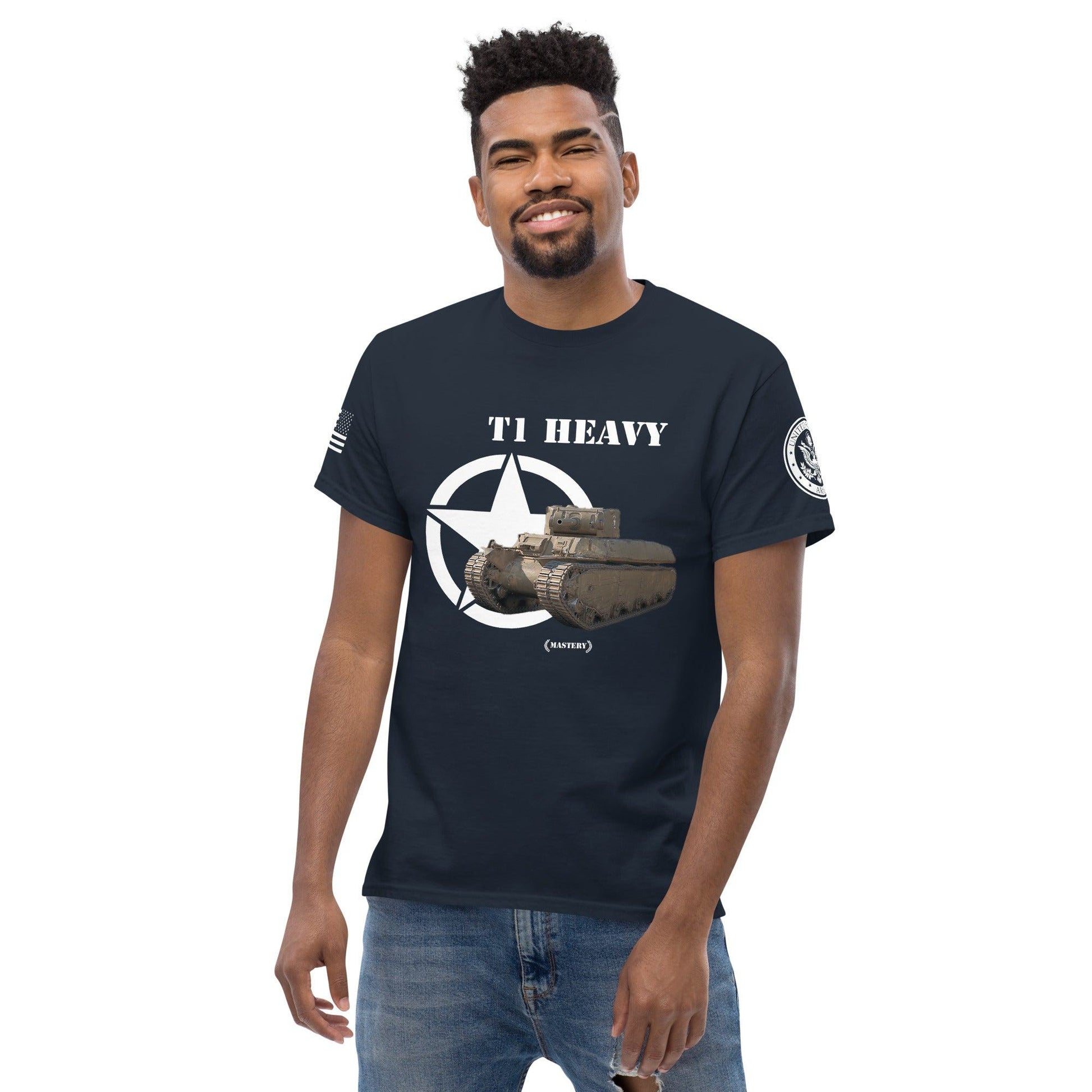 Amerikanischer schwerer Panzer T1 Heavy Mastery T-Shirt T-Shirt 33.99 Heavy, Mastery, Panzer, T-Shirt, T1, Tanks, Thunder, War, World JLR Design