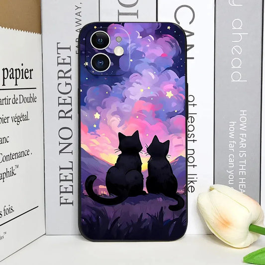 Artistic Black Cat Starry Night Handyhülle für iPhone 7 8 11 12 13 14 15 16 Mini/Plus/Pro/ProMax Handyhülle JLR Design