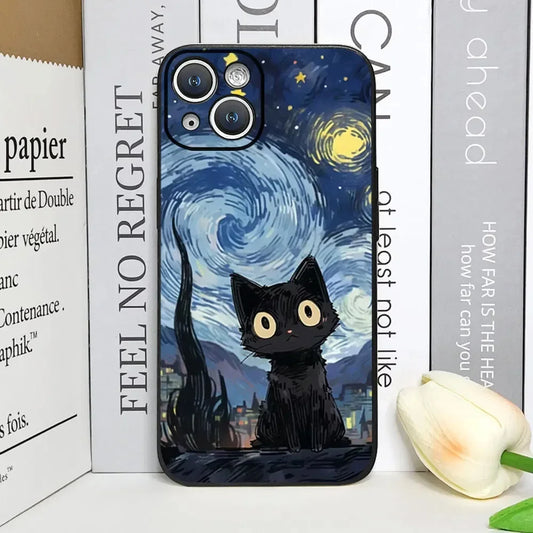 Artistic Black Cat Starry Night Moon Handyhülle für iPhone 7 8 11 12 13 14 15 16 Mini/Plus/Pro/ProMax Handyhülle JLR Design