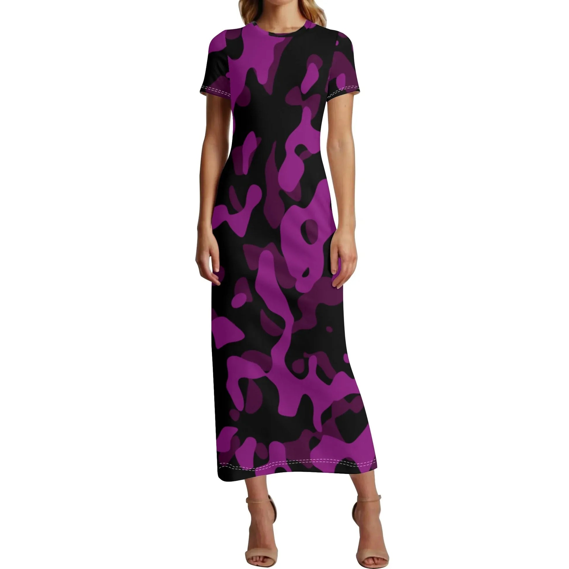 black-pink-camouflage-short-sleeve-long-dress-long-dress-jlr-design-72559 - JLR Design