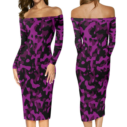 Black Violet Camouflage Long Sleeve Off-Shoulder-Kleid -- Black Violet Camouflage Long Sleeve Off-Shoulder-Kleid - undefined Off-Shoulder-Kleid | JLR Design