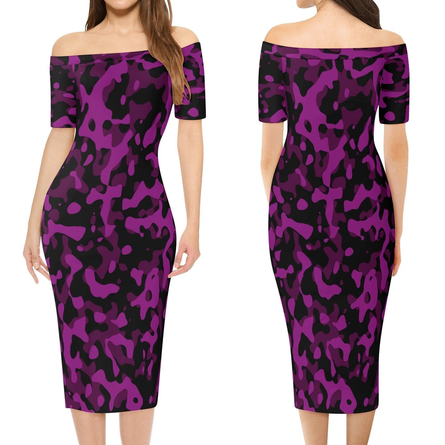 Black Violet Camouflage Off-Shoulder-Kleid -- Black Violet Camouflage Off-Shoulder-Kleid - undefined Off-Shoulder-Kleid | JLR Design