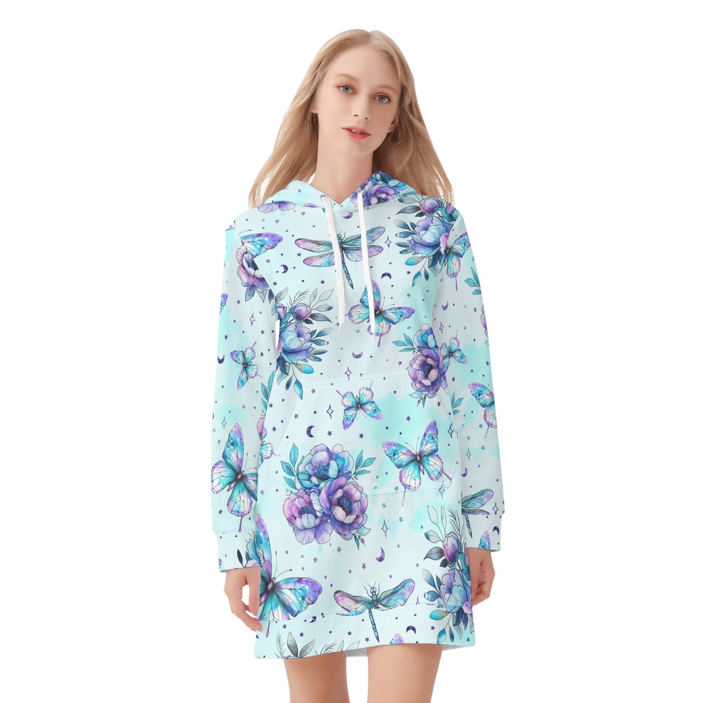 Blue Flowers Velvet Hoodie Dress Hoodiekleid JLR Design