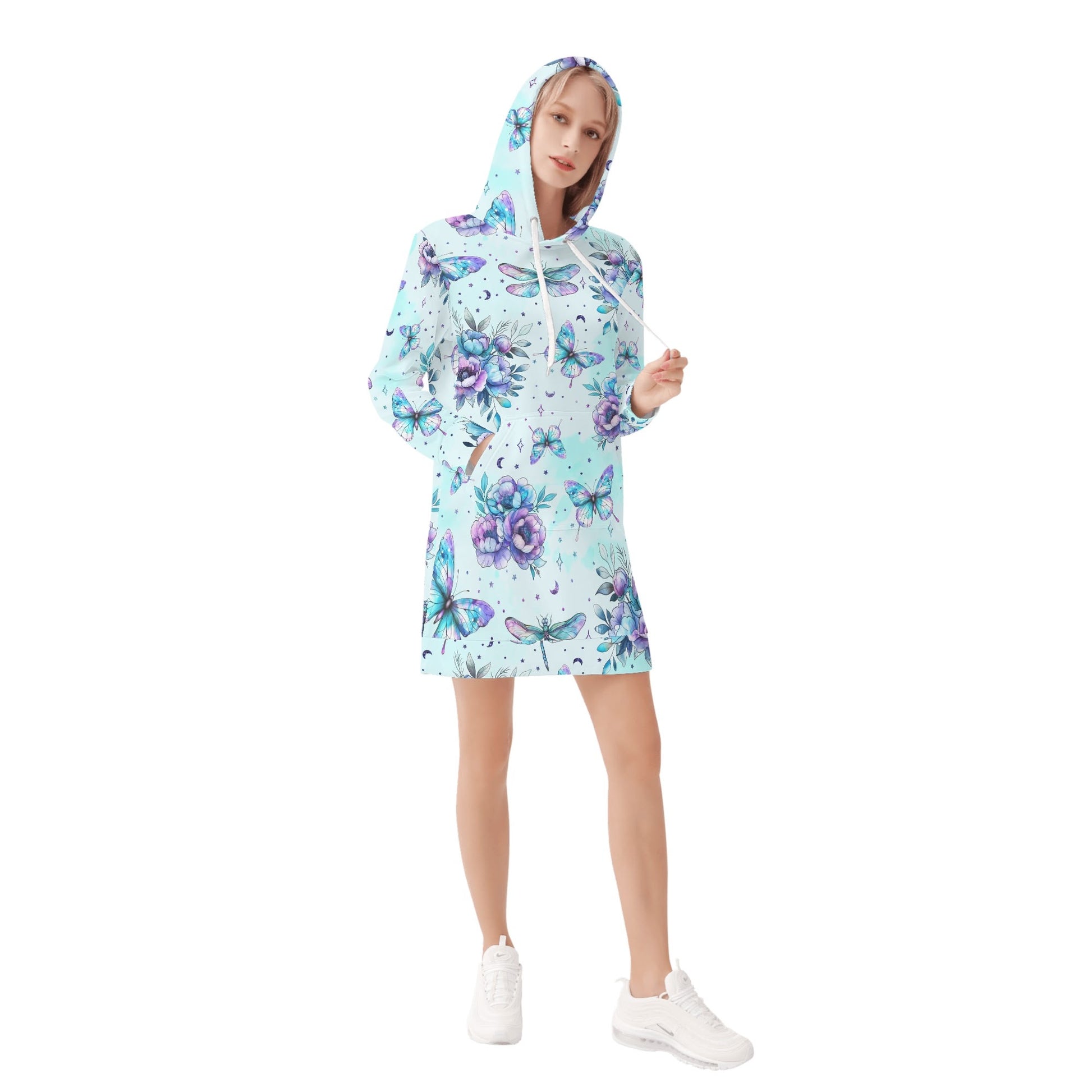 Blue Flowers Velvet Hoodie Dress Hoodiekleid JLR Design