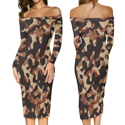 Brown Camouflage Long Sleeve Off-Shoulder-Kleid -- Brown Camouflage Long Sleeve Off-Shoulder-Kleid - undefined Off-Shoulder-Kleid | JLR Design