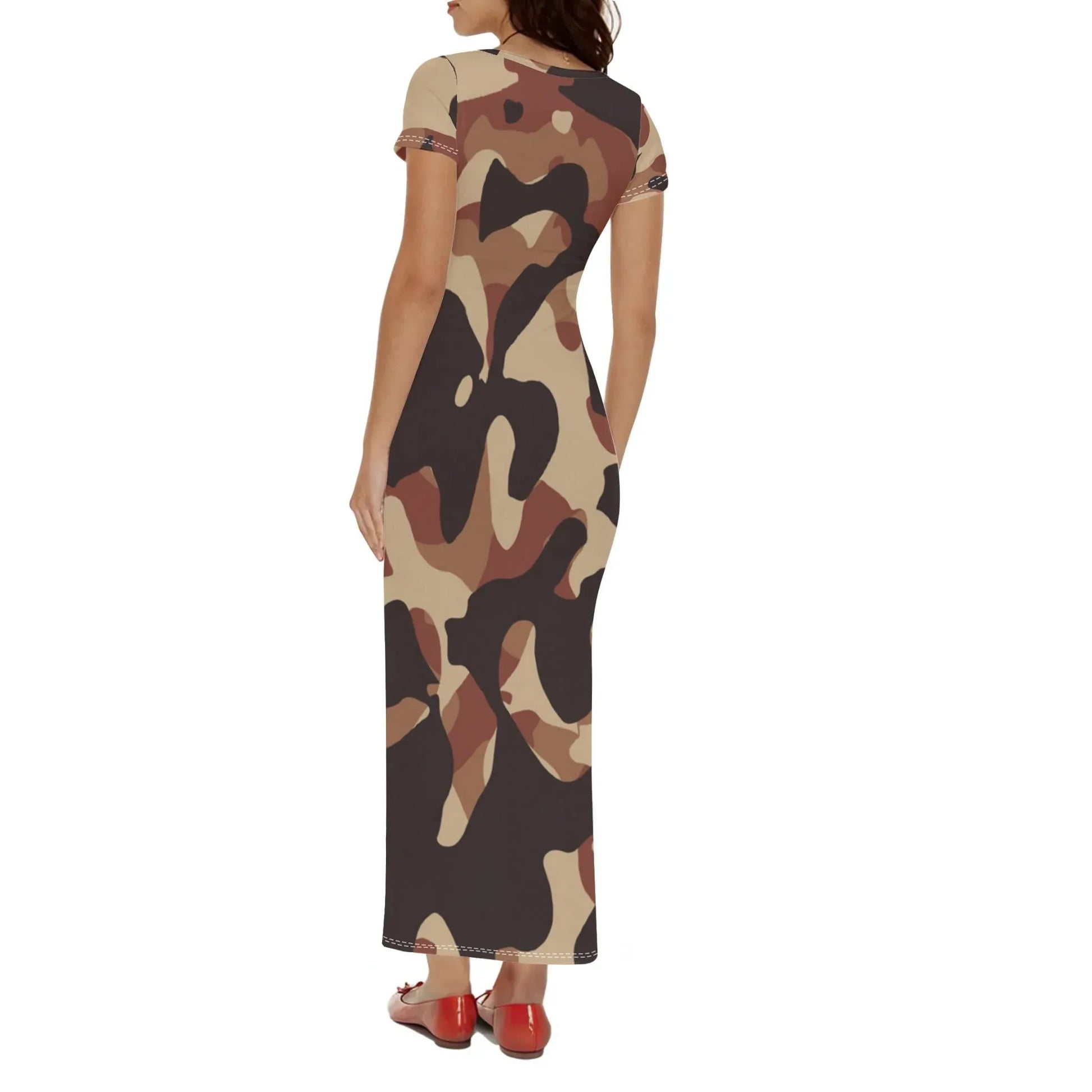 brown-camouflage-short-sleeve-long-dress-long-dress-jlr-design-77290 - JLR Design