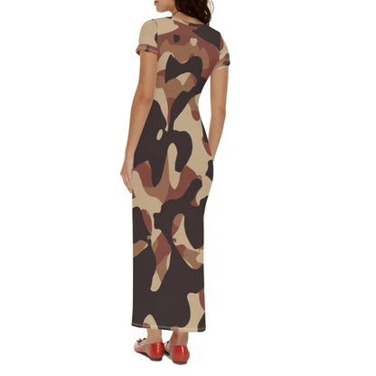 brown-camouflage-short-sleeve-long-dress-long-dress-jlr-design-77290 - JLR Design