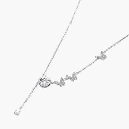 Sterling silver Y-shaped necklace with butterfly charms and brilliant moissanite stone with teardrop pendant
