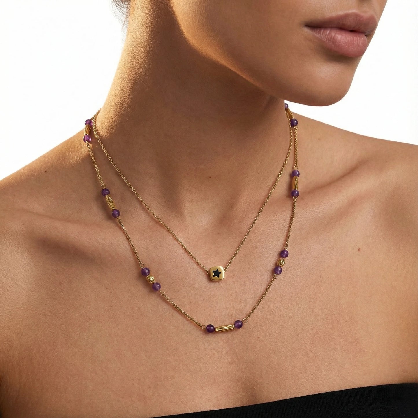 Cosmic Star Layer Set – 2-in-1 Halskette mit violetten Edelsteinen & Stern (18K Gold)