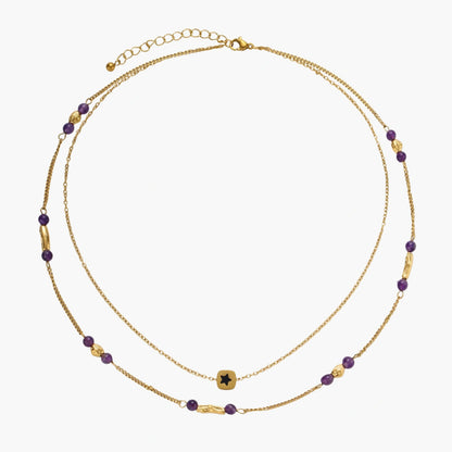 Two layered gold-tone necklaces with purple stone beads and star pendant against cream background.