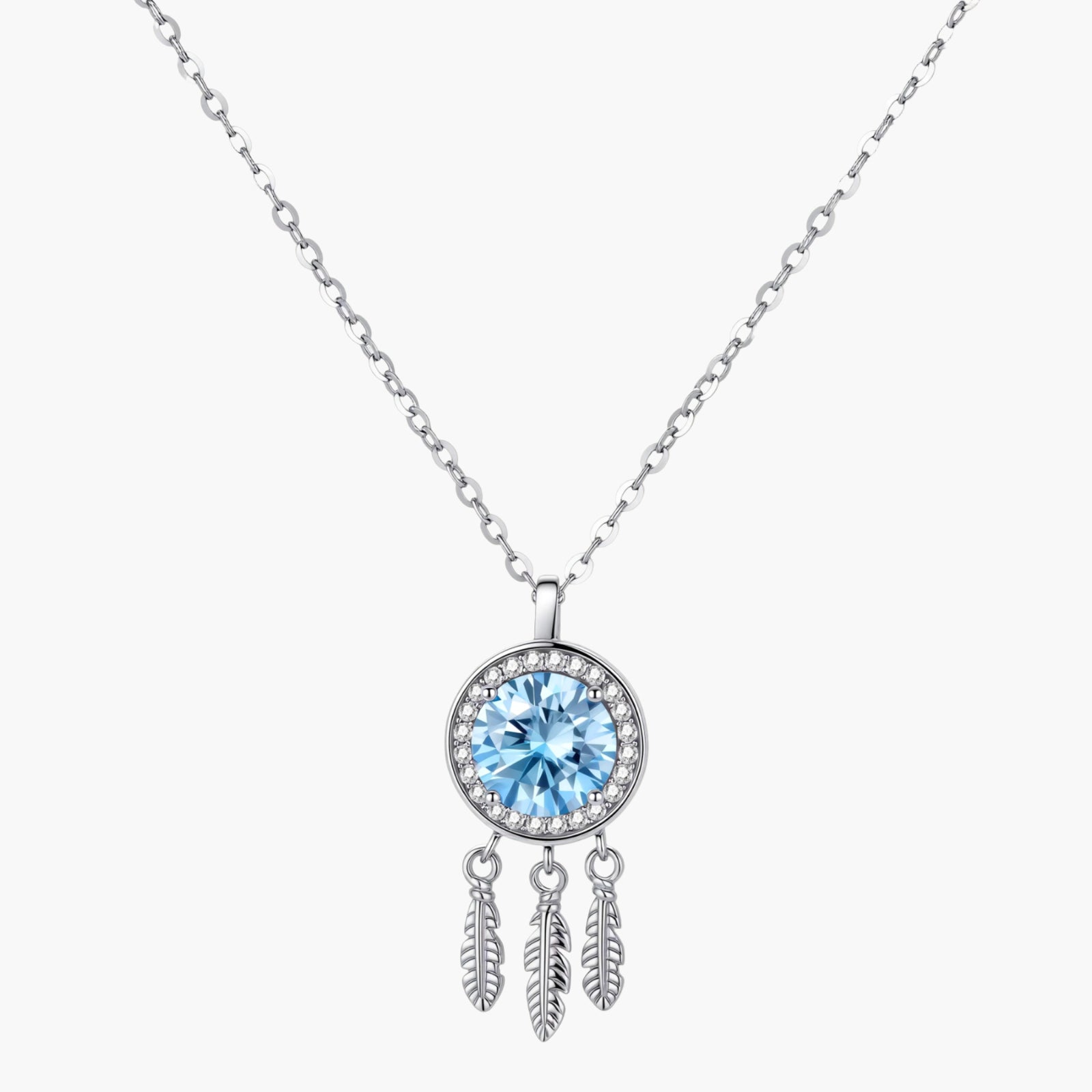 Sterling silver dreamcatcher pendant with blue moissanite center and three feather charms on adjustable chain.