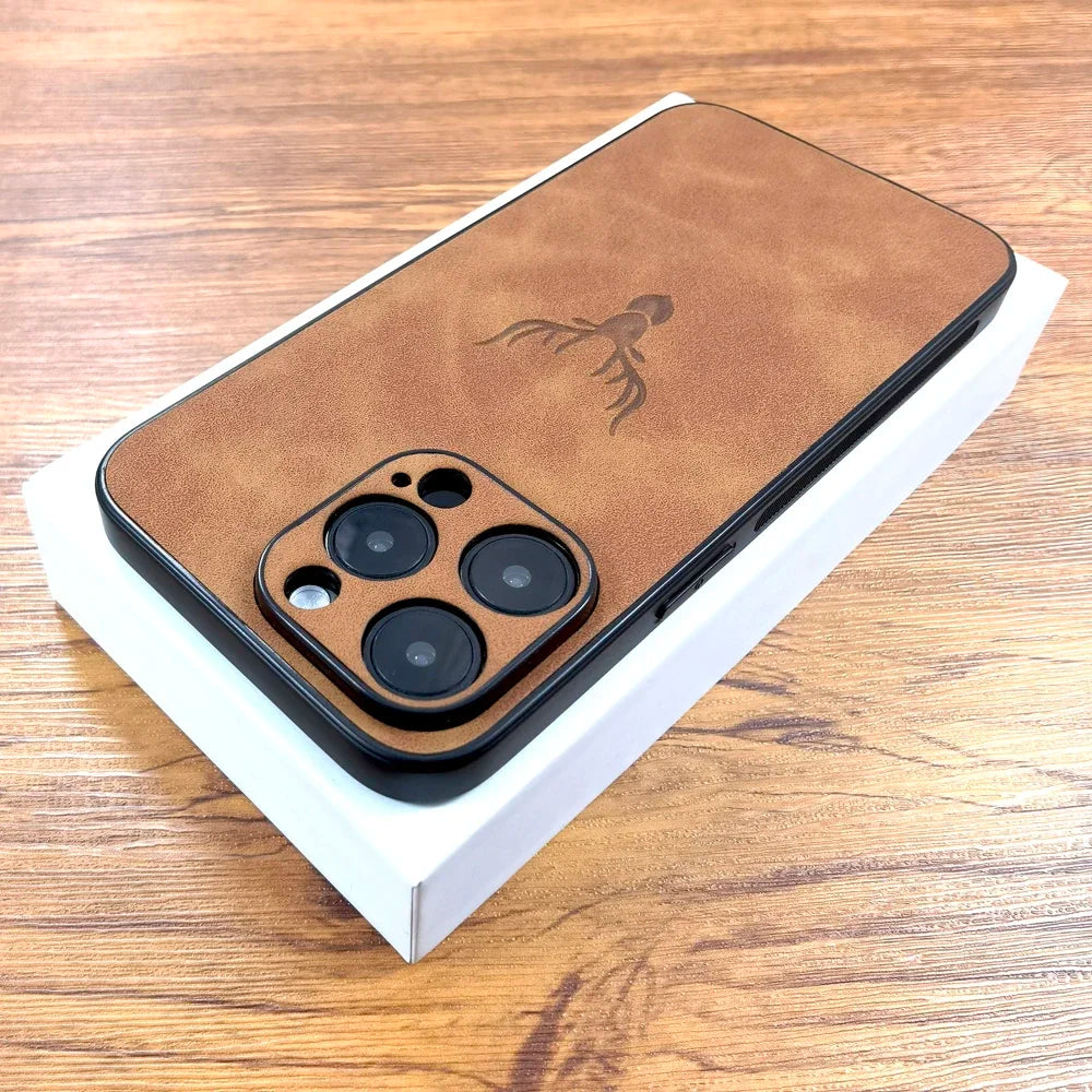 Elegante Lederhülle mit Hirschmotiv für iPhone 12 13 14 15 16 Mini/Plus/Pro/ProMax Handyhülle JLR Design