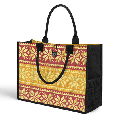 Gelb-braun gestricktes Schneemuster Premium Canvas Shopper Tasche Tragetasche JLR Design