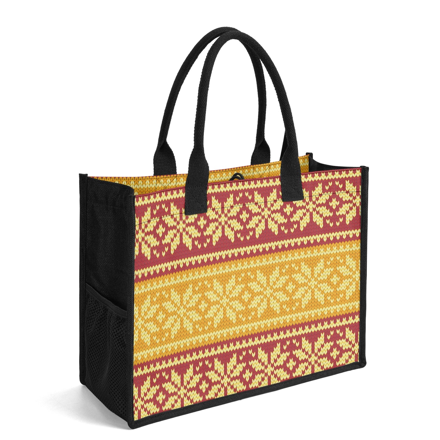 Gelb-braun gestricktes Schneemuster Premium Canvas Shopper Tasche Tragetasche JLR Design