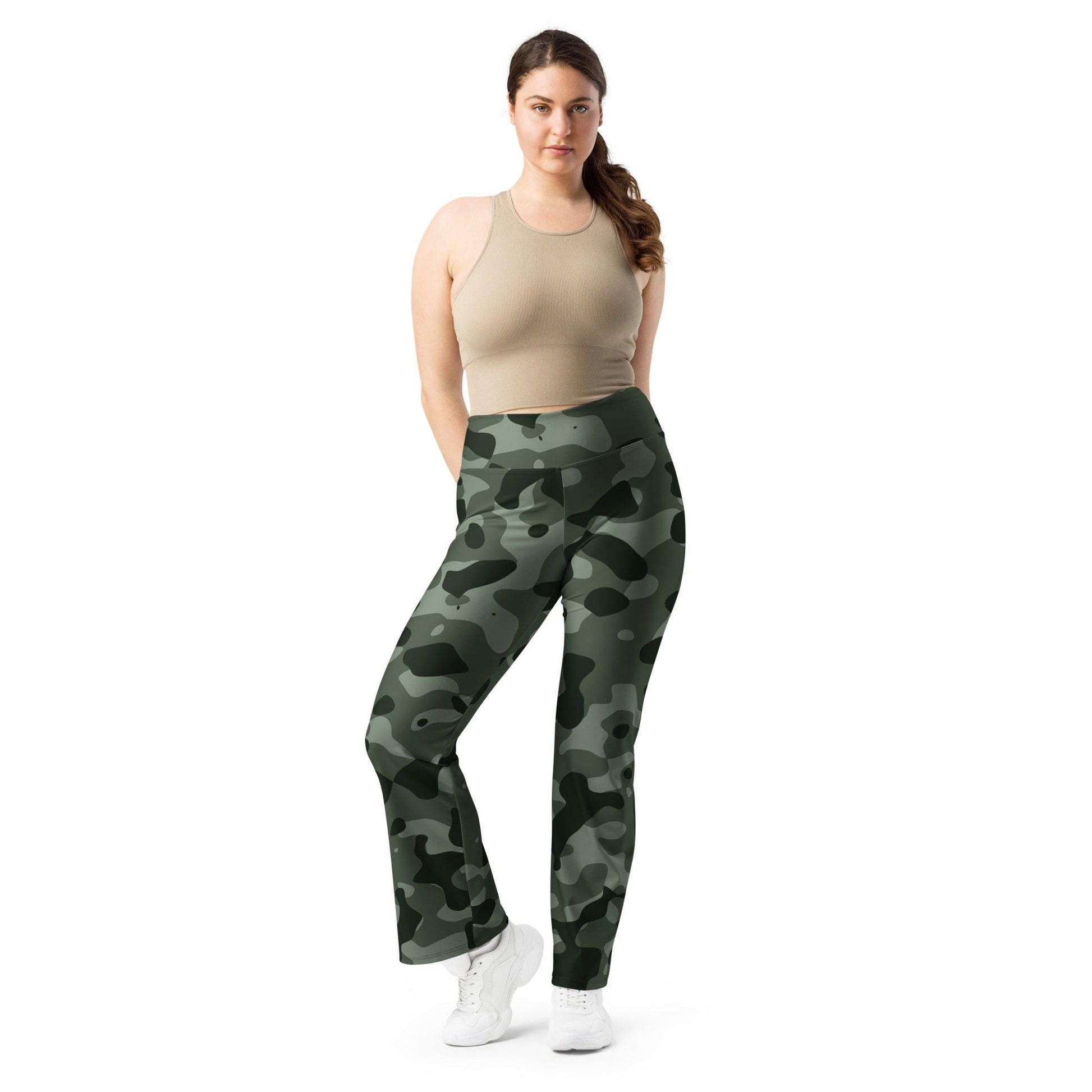 Green Camouflage High Waist Flare Leggings Flare Leggings 69.99 Camouflage, Flare, Green, High, Leggings, Waist JLR Design