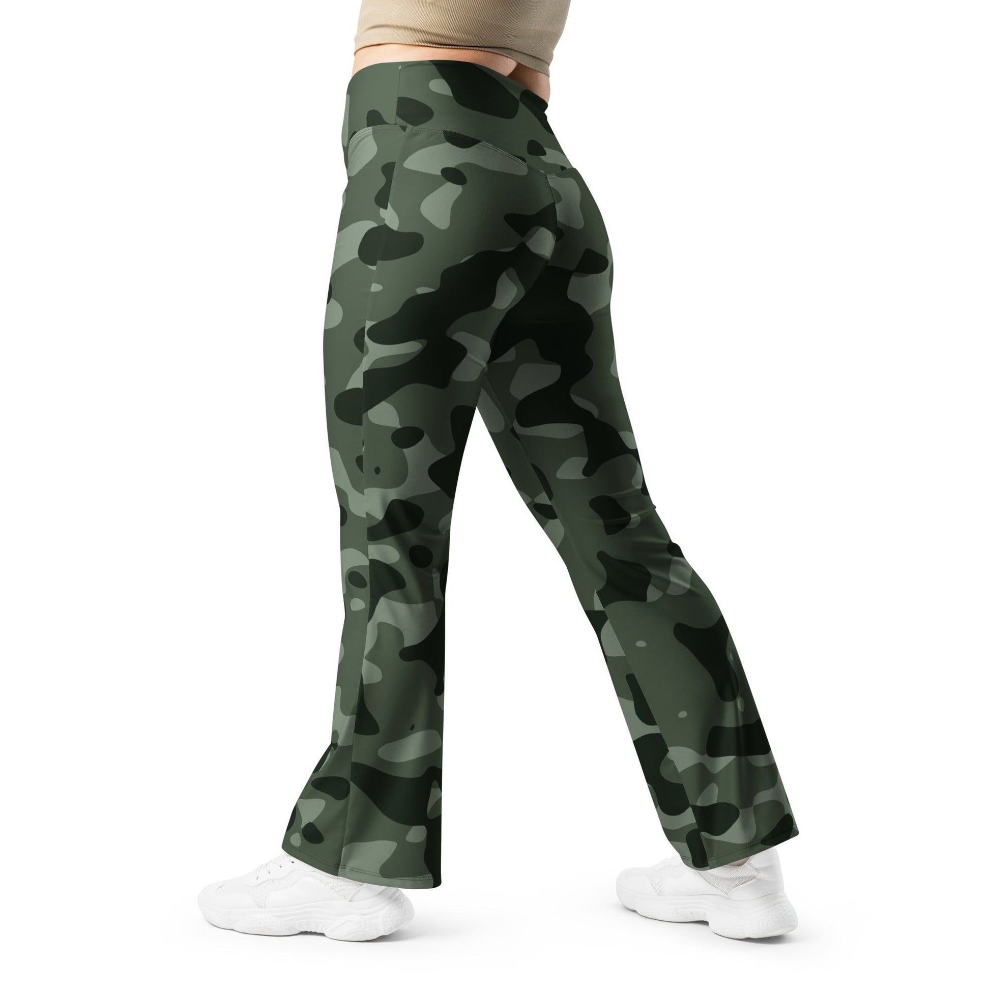 Green Camouflage High Waist Flare Leggings Flare Leggings 69.99 Camouflage, Flare, Green, High, Leggings, Waist JLR Design