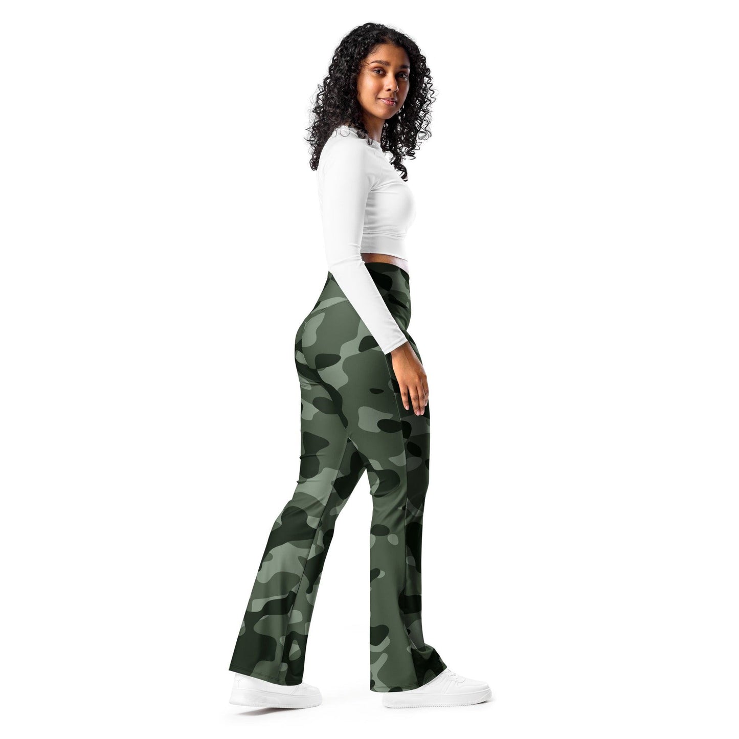 Green Camouflage High Waist Flare Leggings Flare Leggings 69.99 Camouflage, Flare, Green, High, Leggings, Waist JLR Design