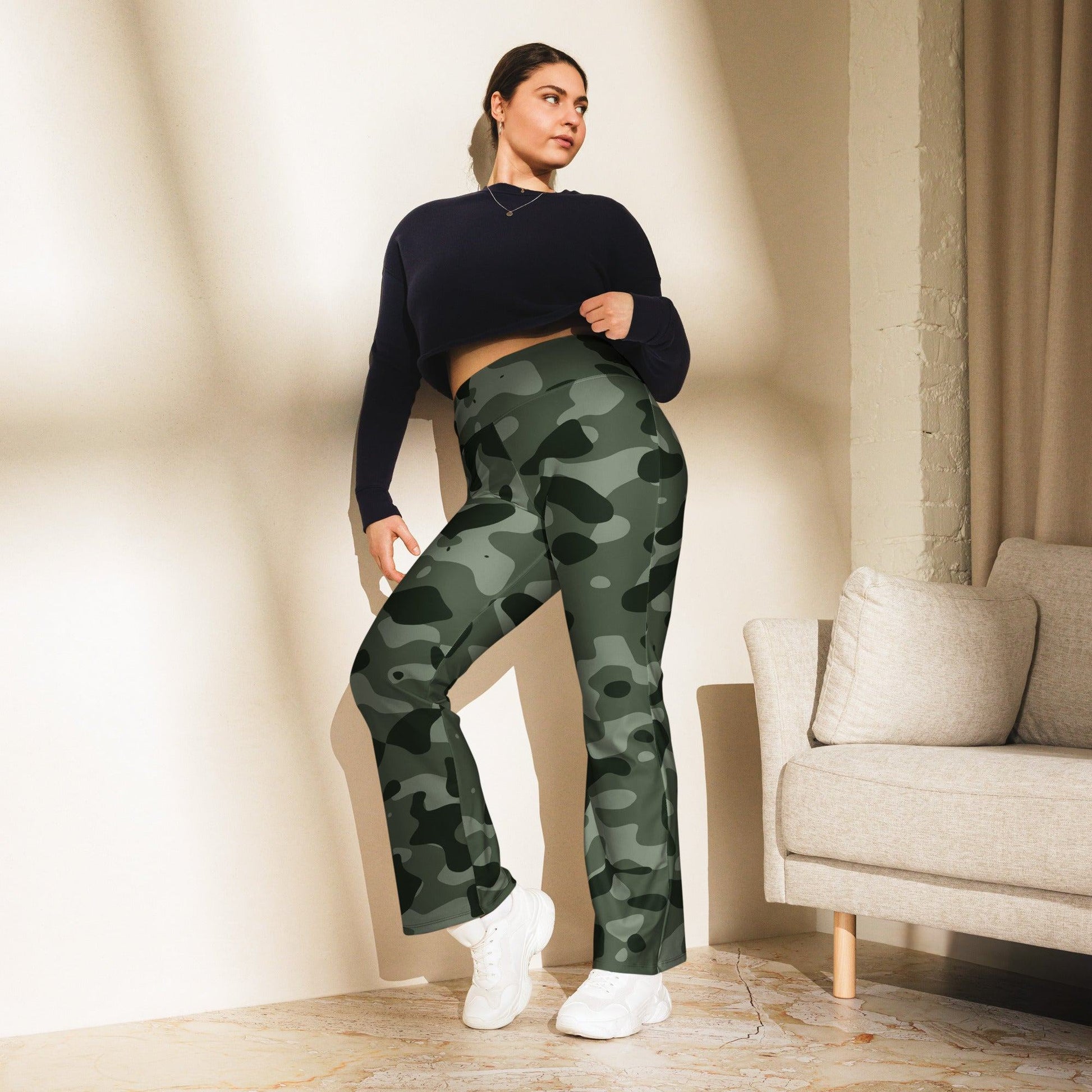 Green Camouflage High Waist Flare Leggings Flare Leggings 69.99 Camouflage, Flare, Green, High, Leggings, Waist JLR Design