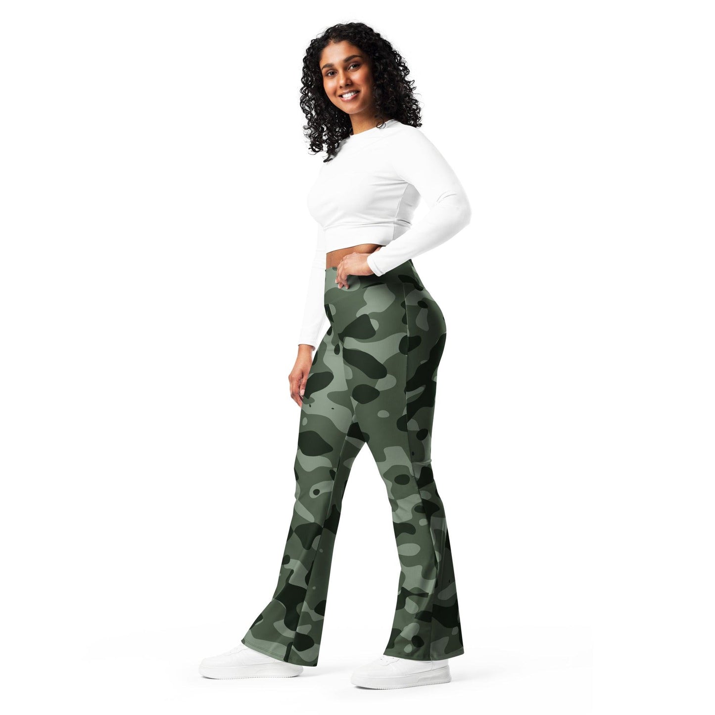 Green Camouflage High Waist Flare Leggings Flare Leggings 69.99 Camouflage, Flare, Green, High, Leggings, Waist JLR Design