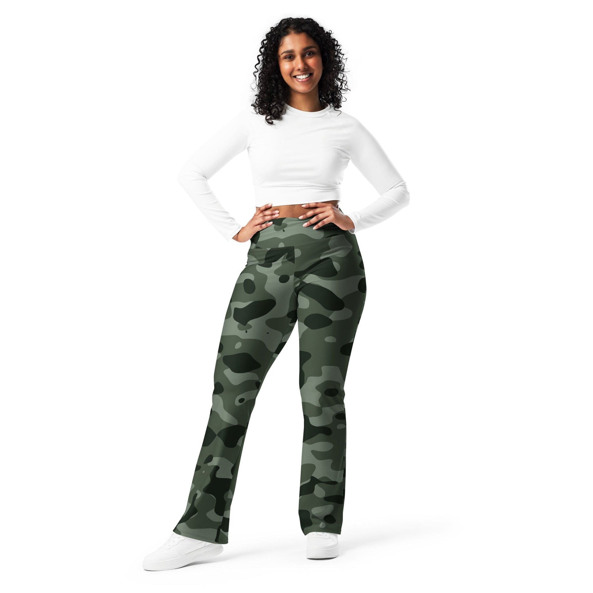 Green Camouflage High Waist Flare Leggings Flare Leggings 69.99 Camouflage, Flare, Green, High, Leggings, Waist JLR Design