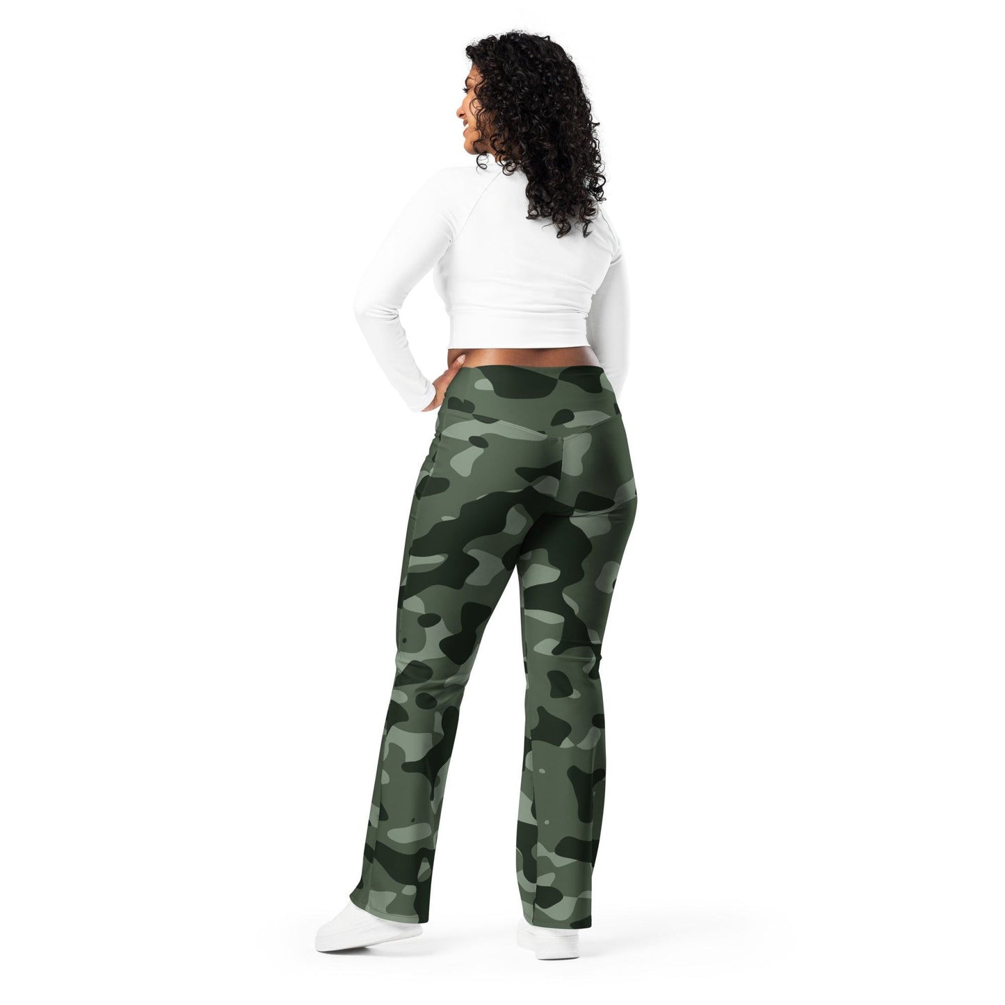 Green Camouflage High Waist Flare Leggings Flare Leggings 69.99 Camouflage, Flare, Green, High, Leggings, Waist JLR Design