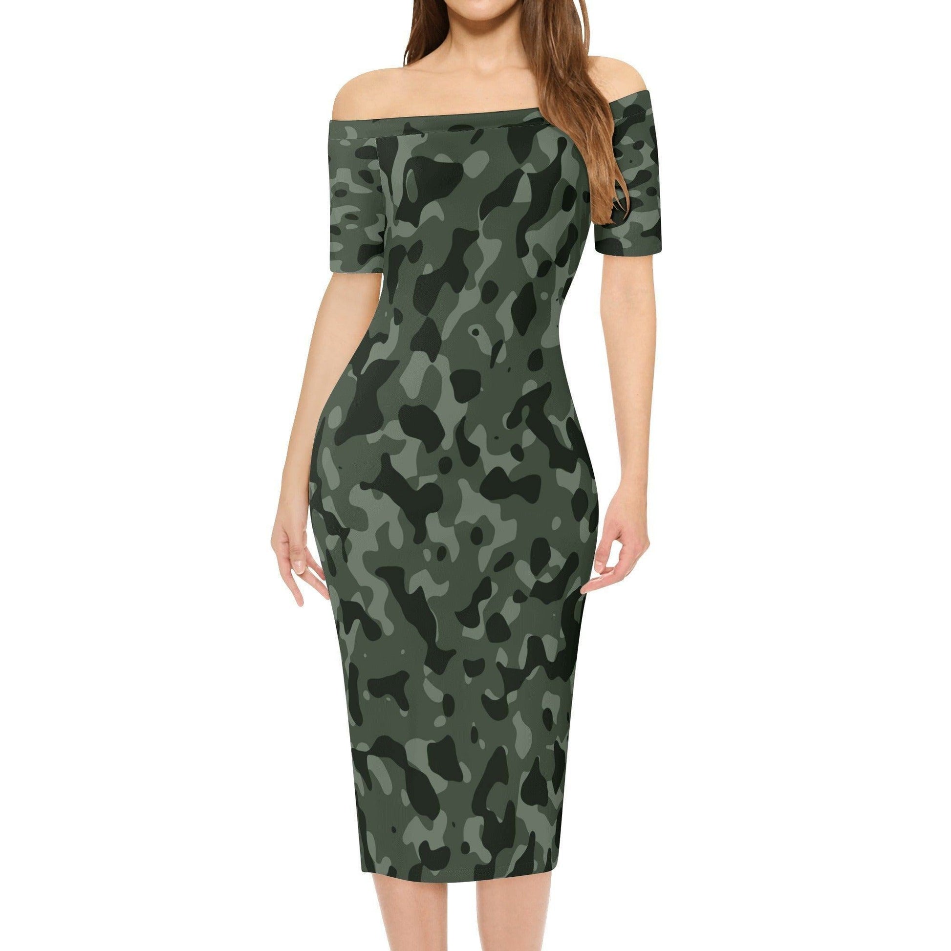 Green Camouflage Off-Shoulder-Kleid -- Green Camouflage Off-Shoulder-Kleid - undefined Off-Shoulder-Kleid | JLR Design