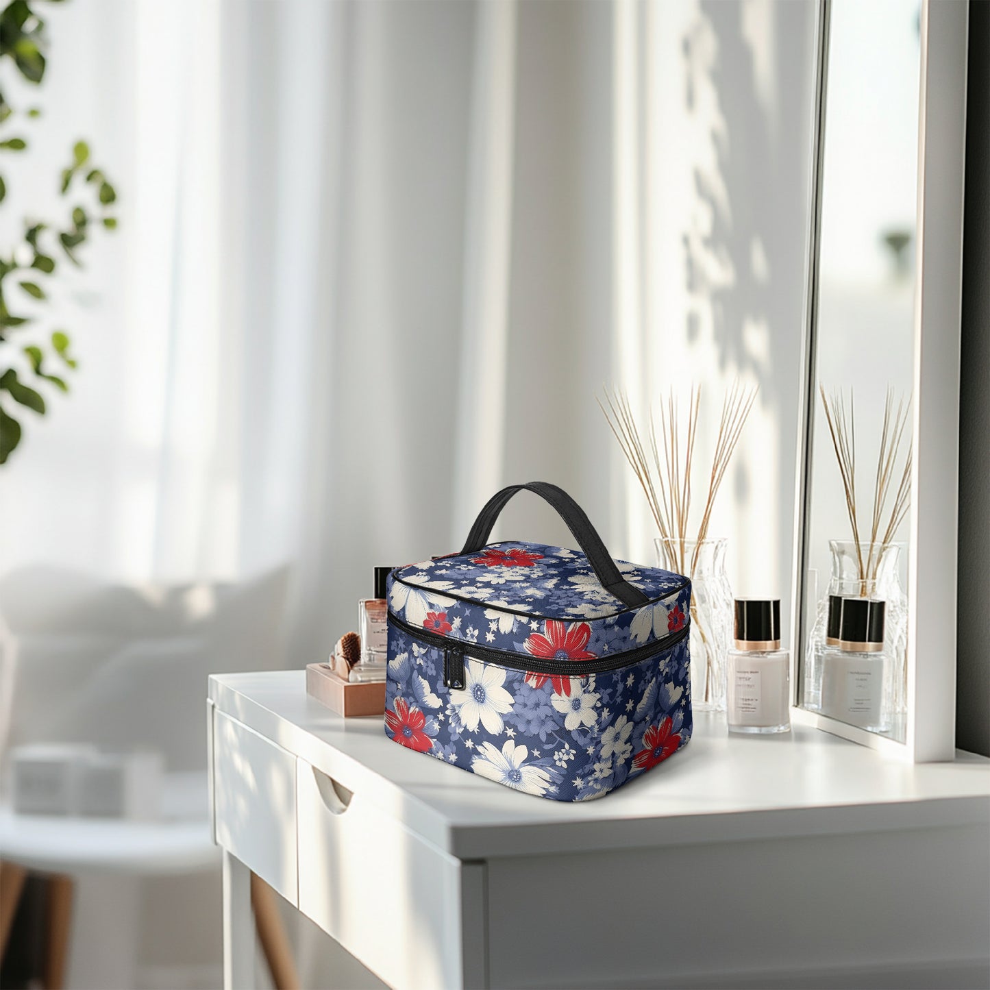 Große Kosmetiktasche - Blue Red White Flowers Handbags JLR Design