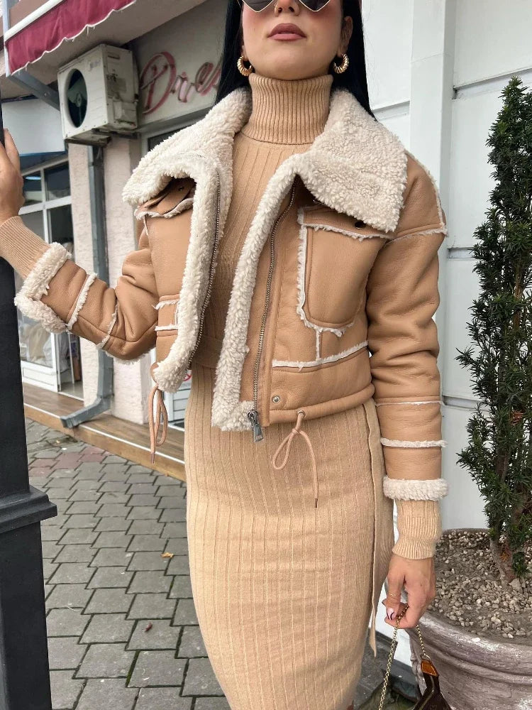 Lammfell-Optik Biker Jacke kurz Jacke JLR Design