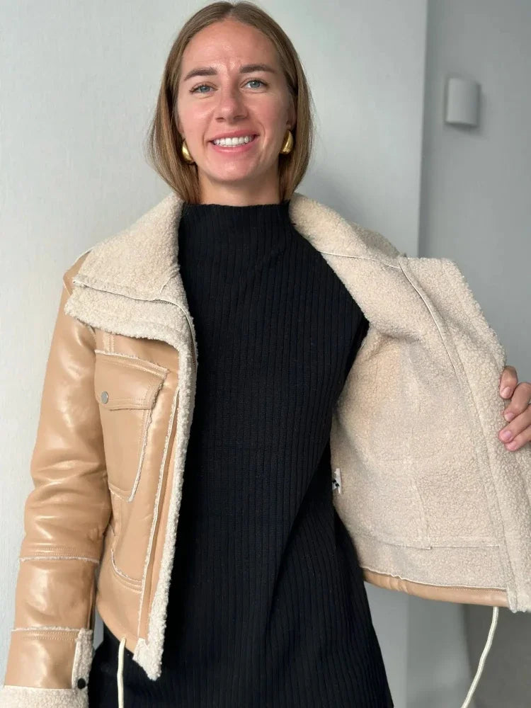 Lammfell-Optik Biker Jacke kurz Jacke JLR Design