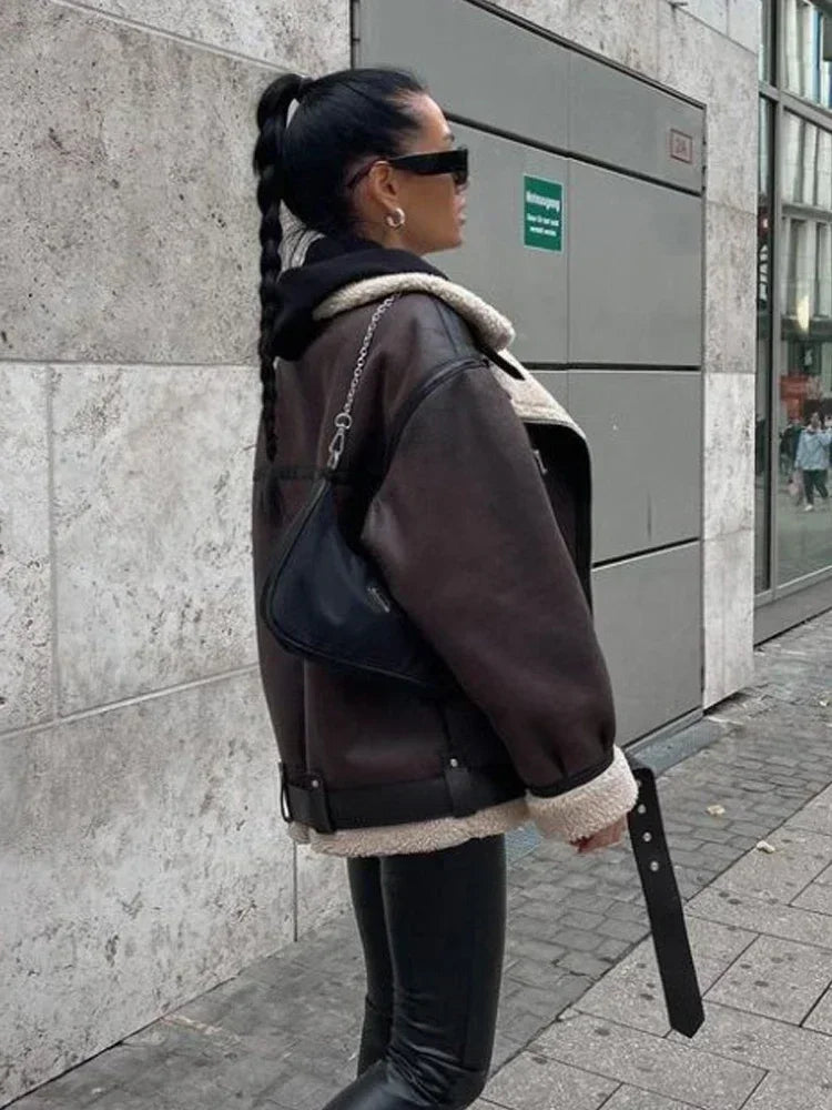 Lange Faux Fur Biker Jacke mit Reißverschlüssen Jacke JLR Design