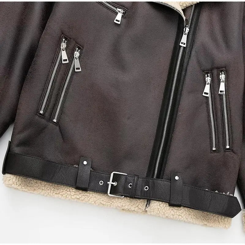 Lange Faux Fur Biker Jacke mit Reißverschlüssen Jacke JLR Design